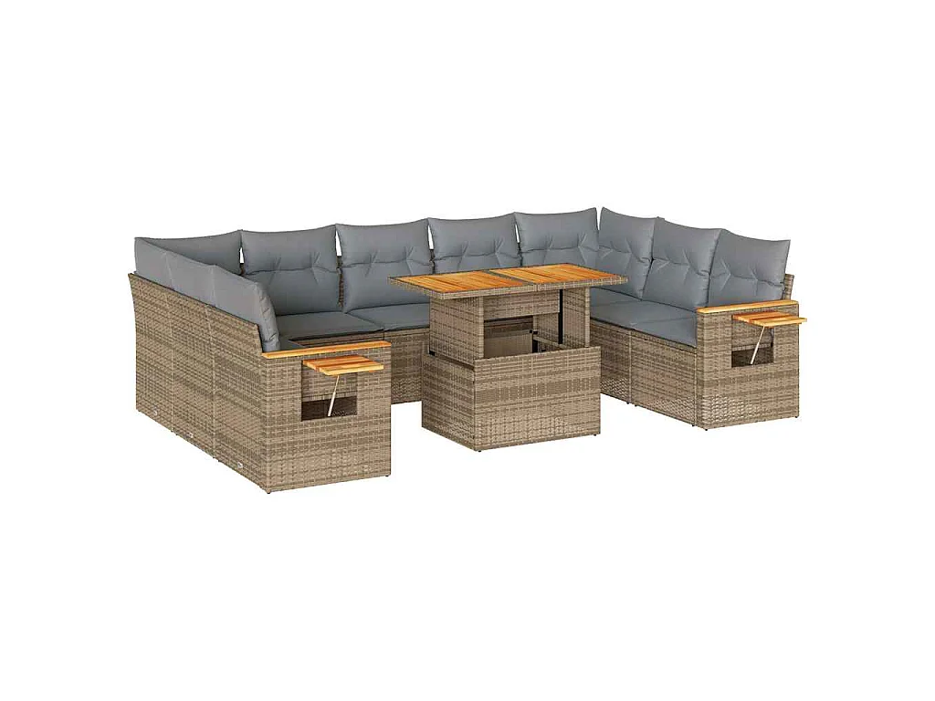 10-delige Loungeset met kussens poly rattan acacia beige