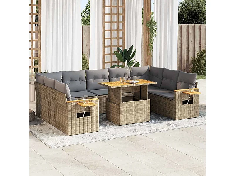 10-tlg. Garten-Sofagarnitur mit Kissen Beige Poly Rattan Akazie