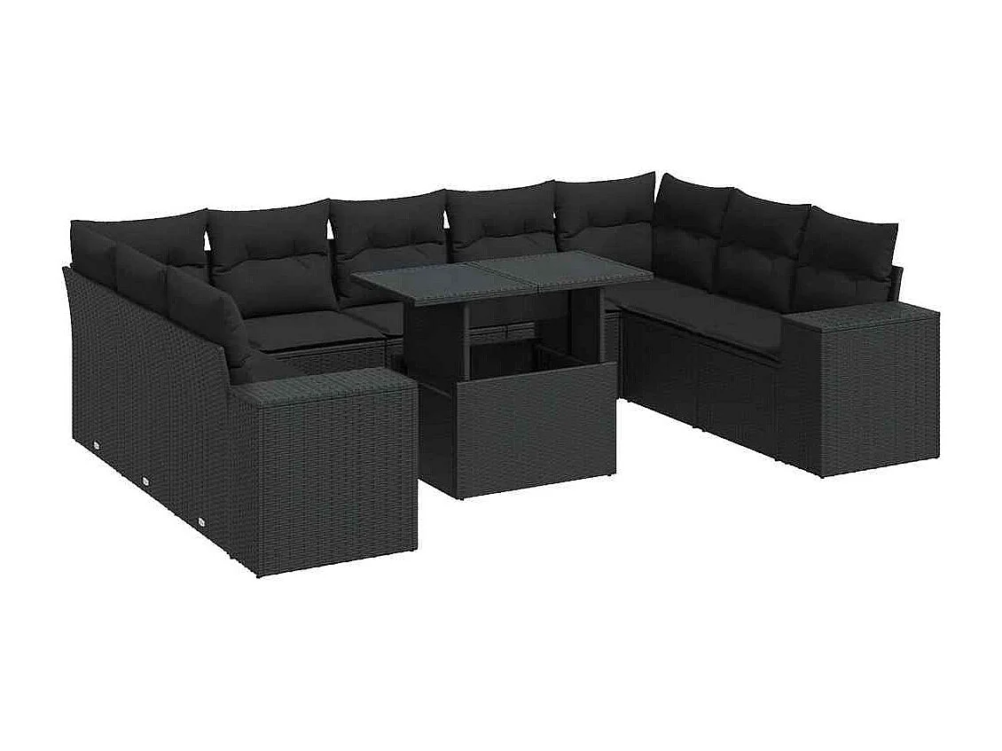 10-tlg. Garten-Sofagarnitur mit Kissen Schwarz Poly Rattan