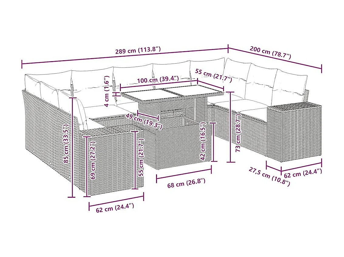 10 pcs conjunto sofás de jardim c/ almofadões vime PE preto