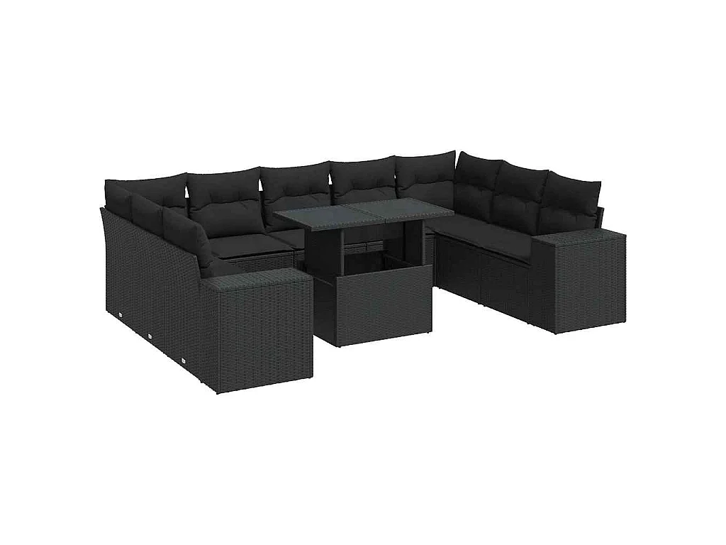 10 pcs conjunto sofás de jardim c/ almofadões vime PE preto