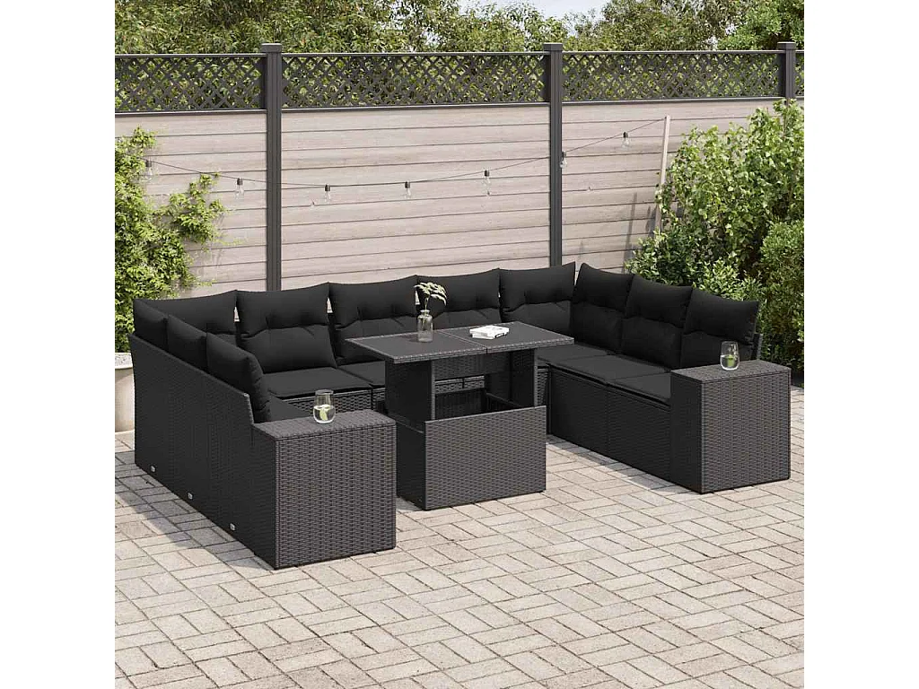 10 pcs conjunto sofás de jardim c/ almofadões vime PE preto