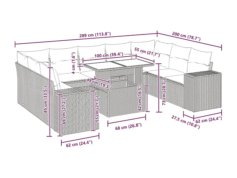 10 pcs conjunto sofás de jardim c/ almofadões vime PE preto