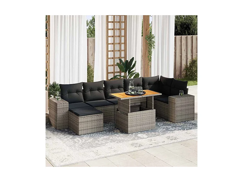 Salon de jardin 8 pcs avec coussins gris résine tressée