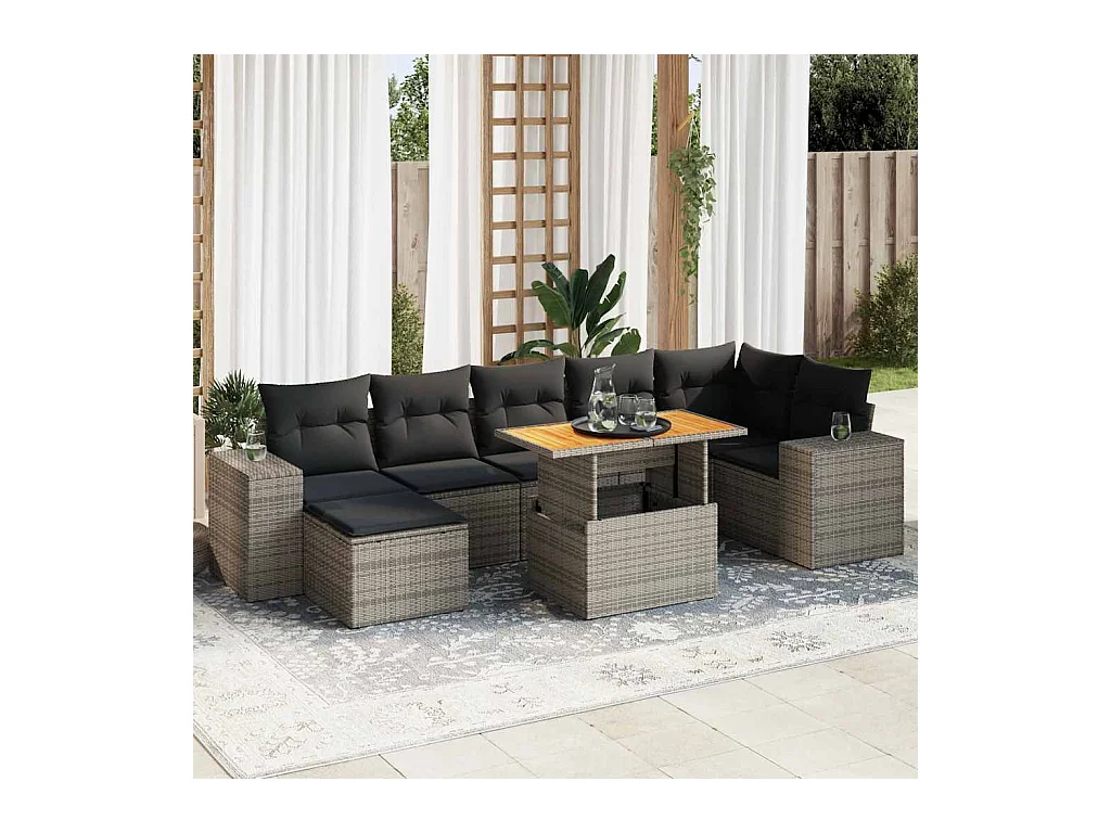 Salon de jardin 8 pcs avec coussins gris résine tressée