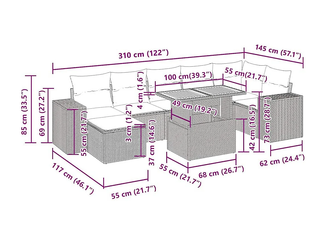 8-tlg. Garten-Sofagarnitur mit Kissen Grau Poly Rattan