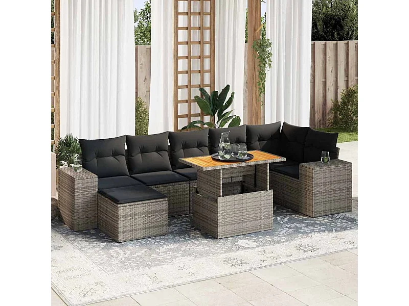 Salon de jardin 8 pcs avec coussins gris résine tressée