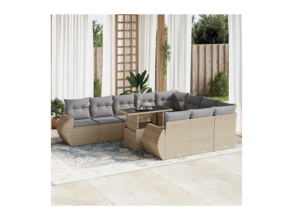 Salon de jardin 11 pcs avec coussins beige résine tressée