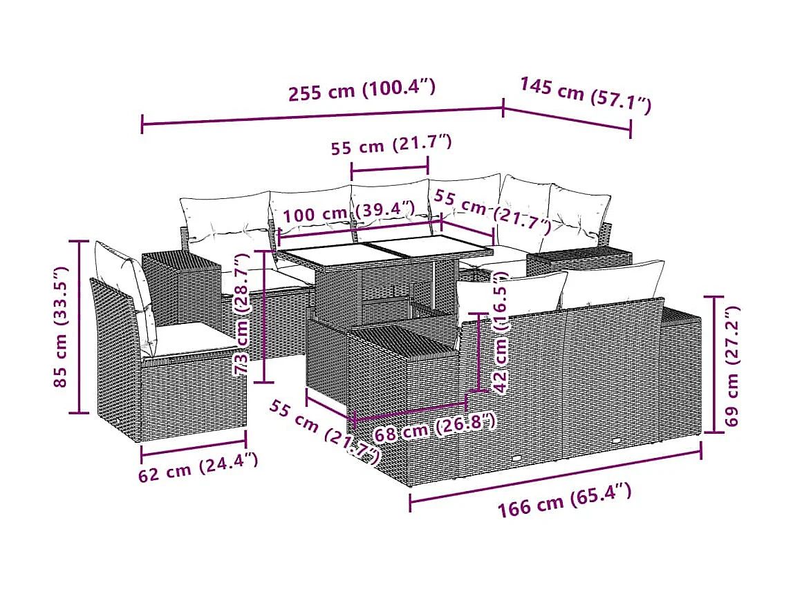 Salon de jardin 9 pcs avec coussins noir résine tressée