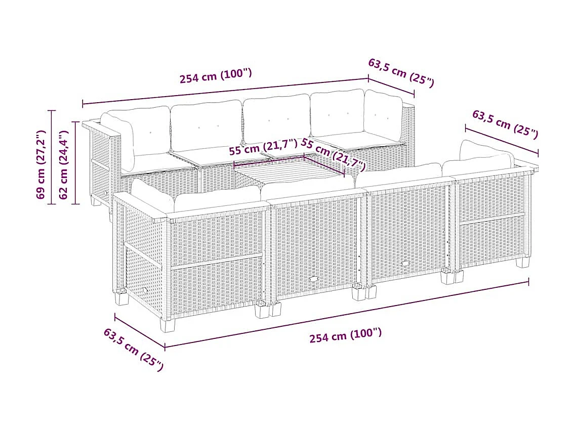 Salon de jardin avec coussins 9 pcs beige résine tressée