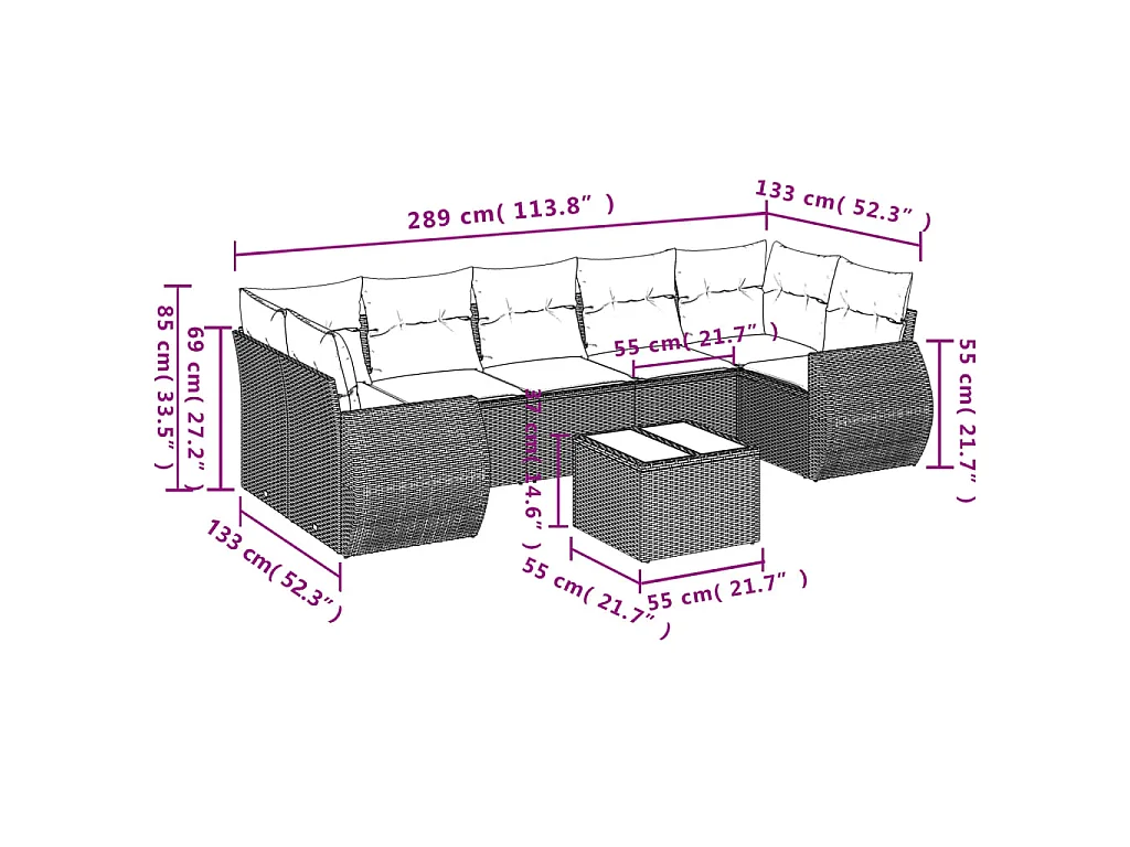 8-delige Loungeset met kussens poly rattan bruin