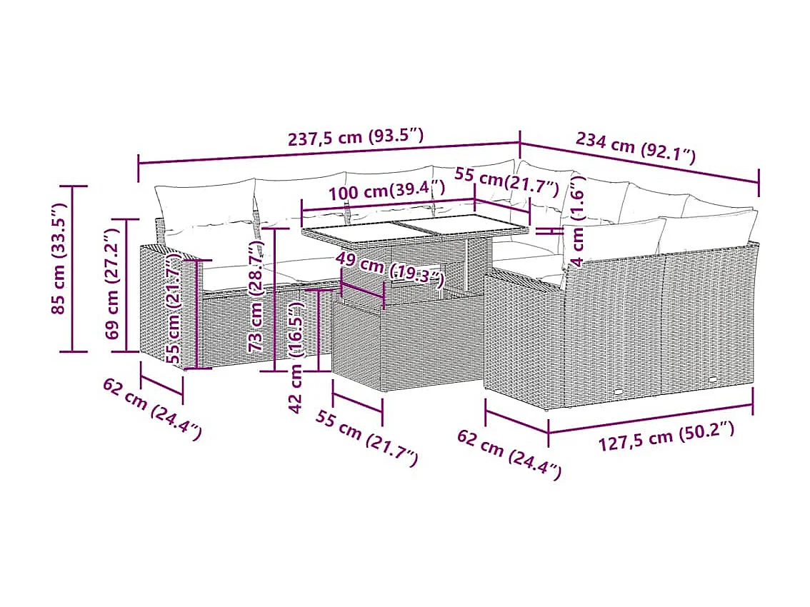 Salon de jardin 9 pcs avec coussins gris résine tressée