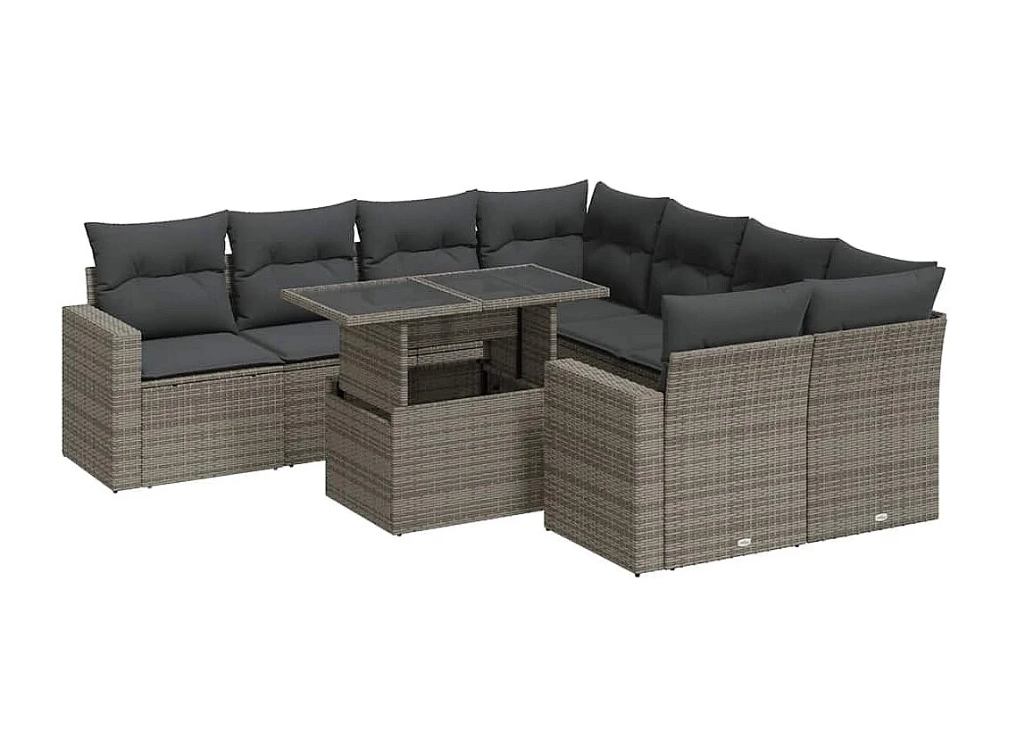 9-tlg. Garten-Sofagarnitur mit Kissen Grau Poly Rattan
