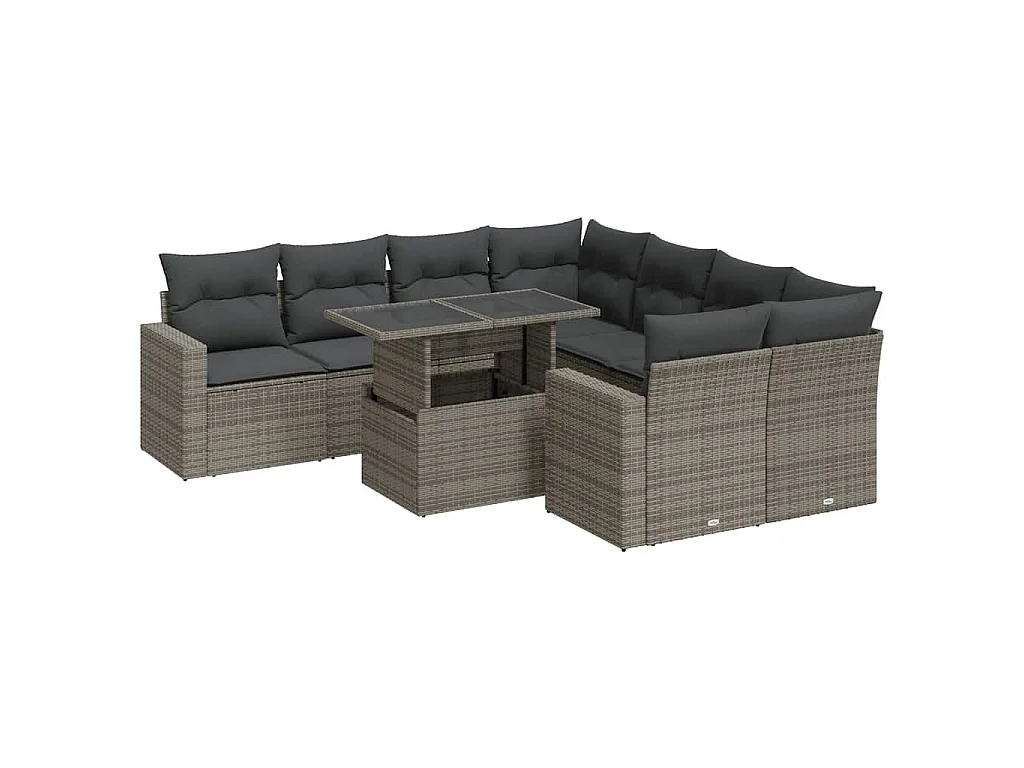 Salon de jardin 9 pcs avec coussins gris résine tressée