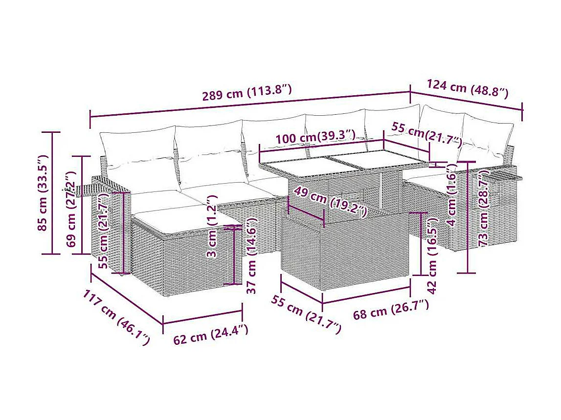 Salon de jardin 8 pcs avec coussins noir résine tressée