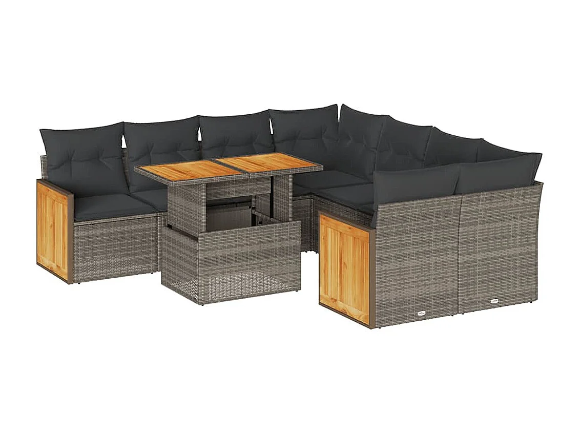 9-tlg. Garten-Sofagarnitur mit Kissen Grau Poly Rattan Akazie