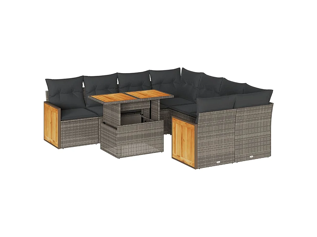 9-delige Loungeset met kussens poly rattan acacia grijs