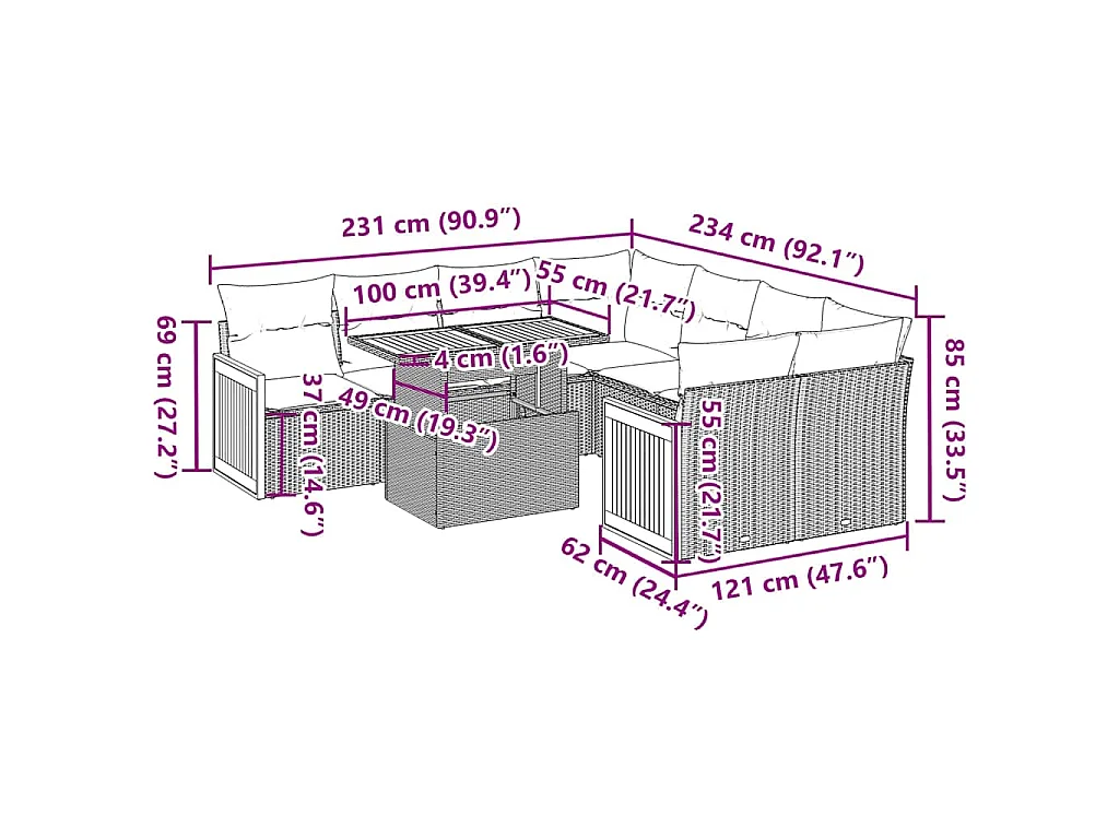 9-delige Loungeset met kussens poly rattan acacia grijs