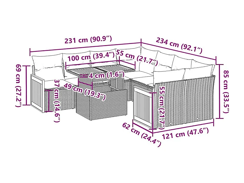 9-delige Loungeset met kussens poly rattan acacia grijs