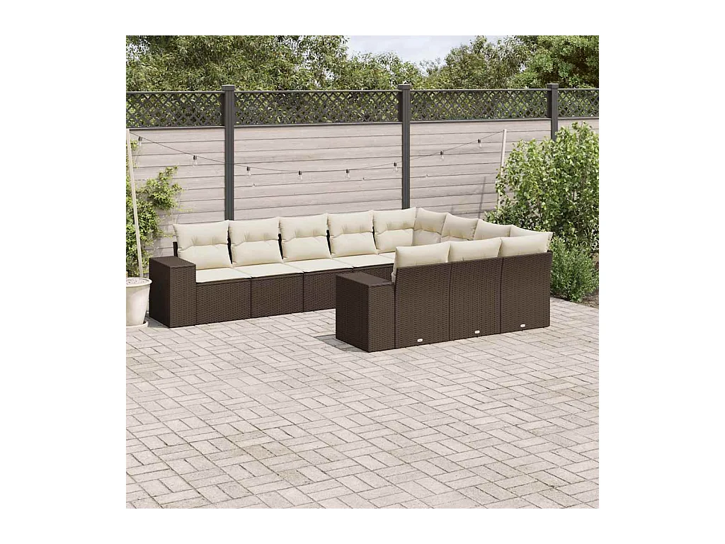Salon de jardin 10 pcs avec coussins marron résine tressée