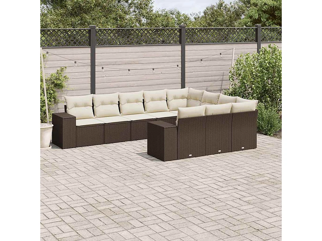 10-delige Loungeset met kussens poly rattan bruin