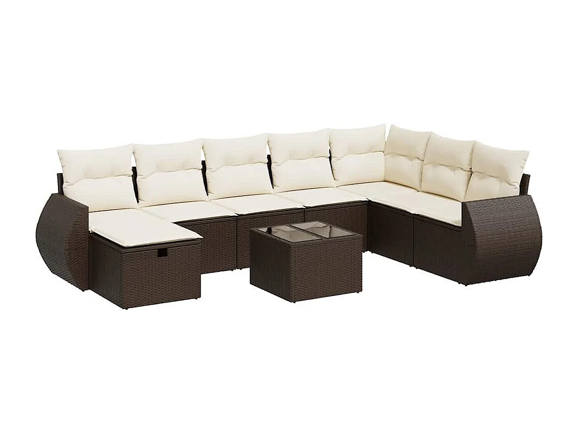 Salon de jardin avec coussins 9 pcs marron résine tressée