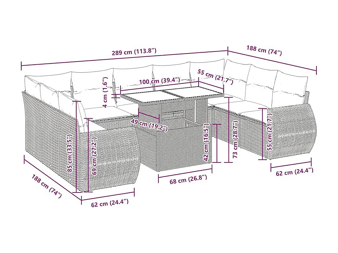 Salon de jardin 10 pcs avec coussins marron résine tressée