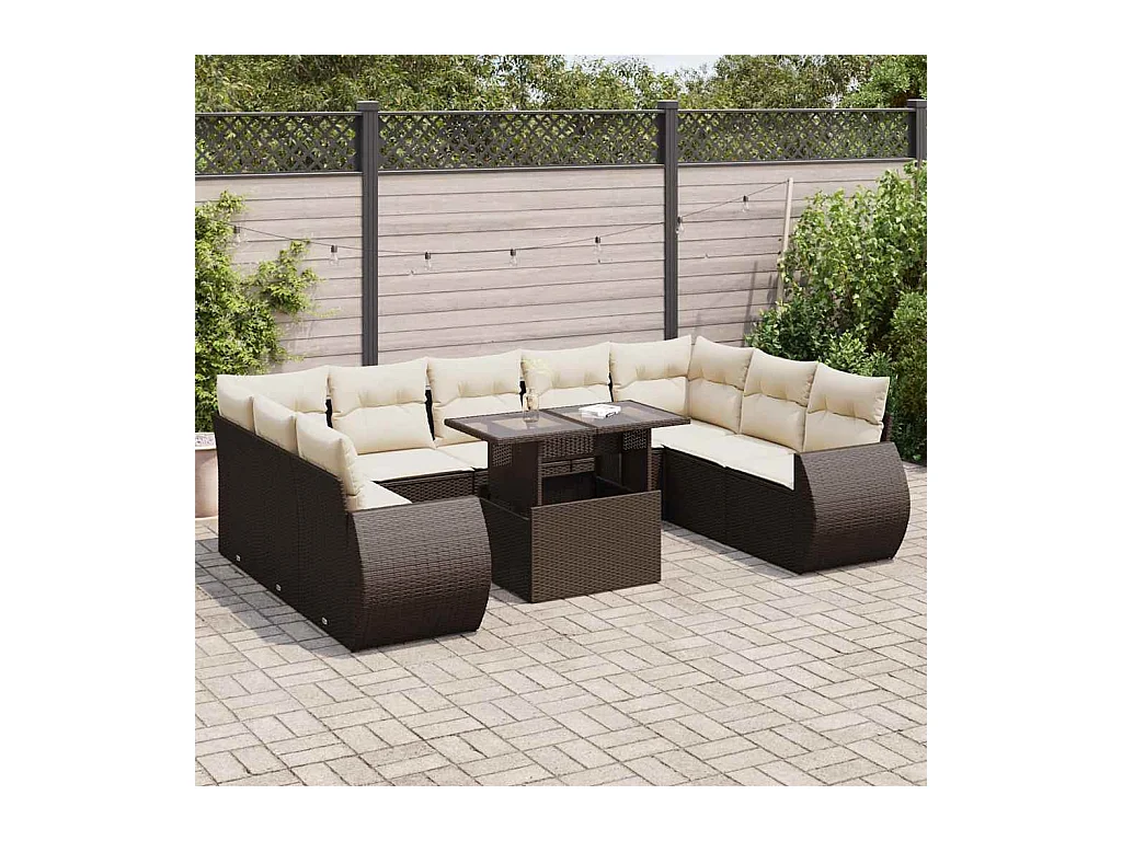 Set Divani da Giardino 10pz con Cuscini in Polyrattan Marrone