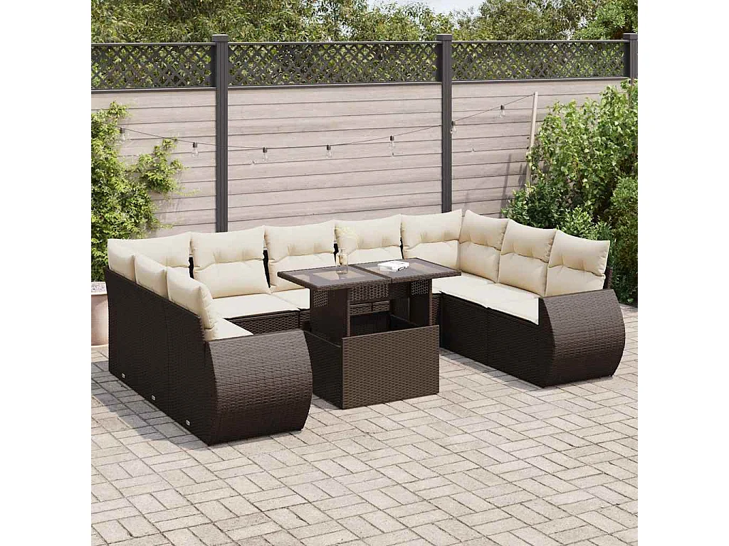 10-tlg. Garten-Sofagarnitur mit Kissen Braun Poly Rattan