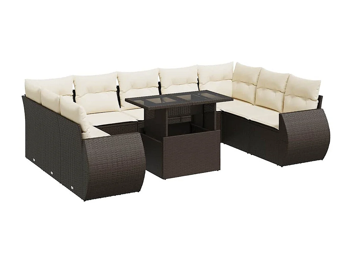 10-tlg. Garten-Sofagarnitur mit Kissen Braun Poly Rattan