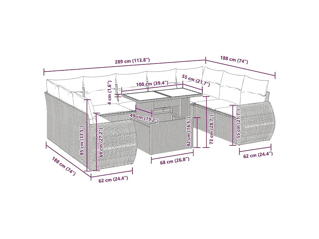 10-delige Loungeset met kussens poly rattan bruin