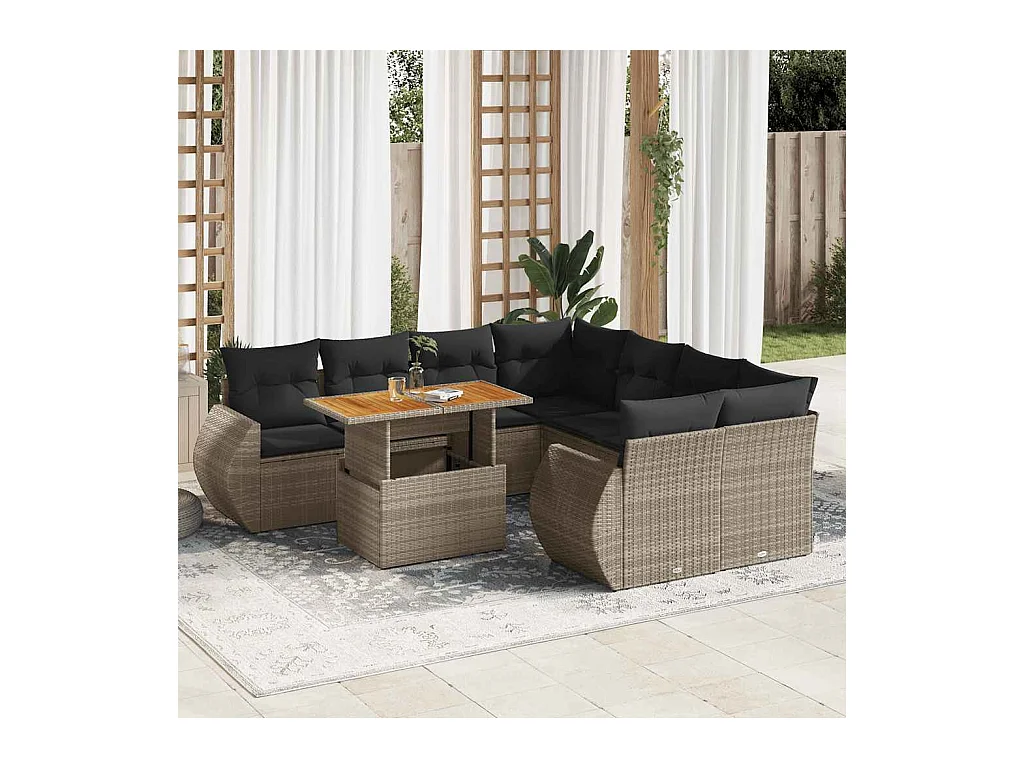 Salon de jardin 9 pcs avec coussins gris résine tressée