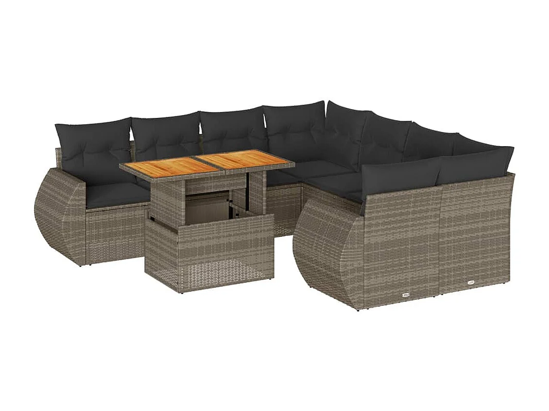 9-tlg. Garten-Sofagarnitur mit Kissen Grau Poly Rattan