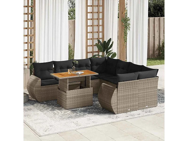 9-delige Loungeset met kussens poly rattan grijs