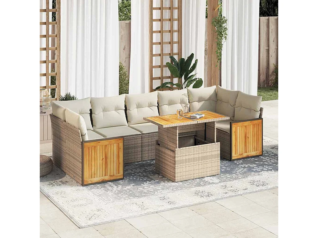 Salon de jardin avec coussins 8 pcs beige résine tressée acacia