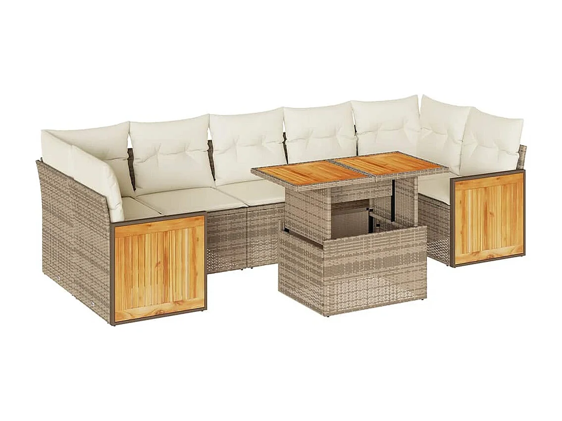 Salon de jardin avec coussins 8 pcs beige résine tressée acacia
