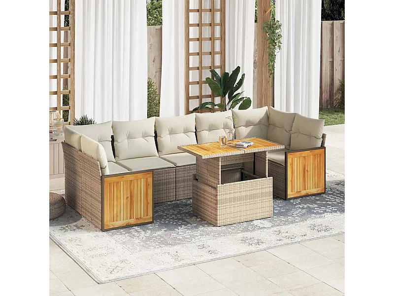 Salon de jardin avec coussins 8 pcs beige résine tressée acacia