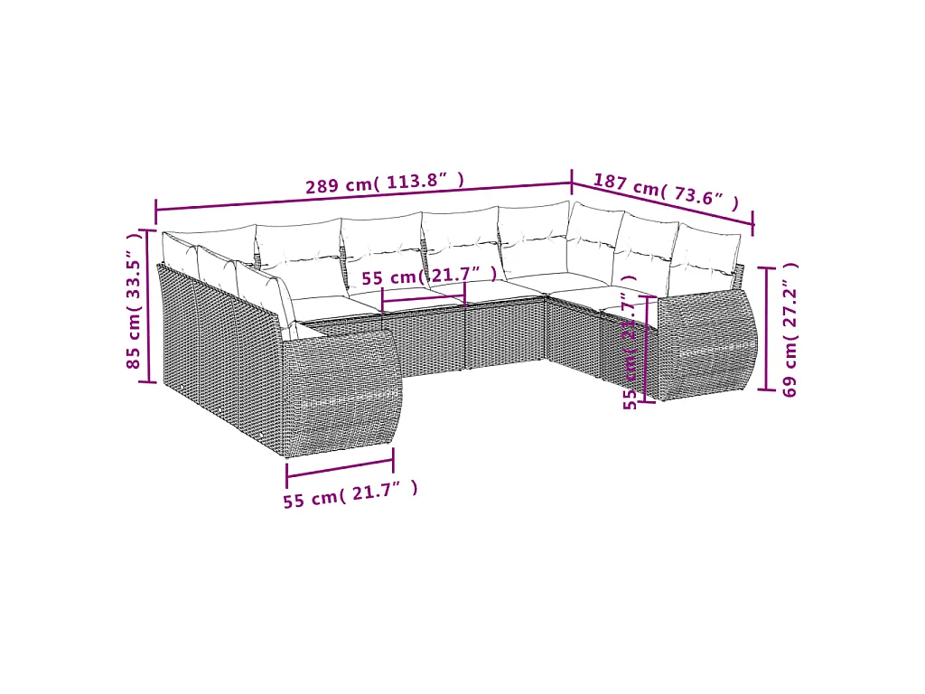 9-tlg. Garten-Sofagarnitur mit Kissen Braun Poly Rattan