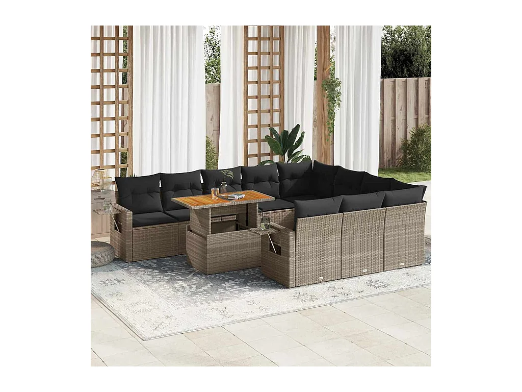 Set de sofás de jardín 11 pzas y cojines ratán sintético gris