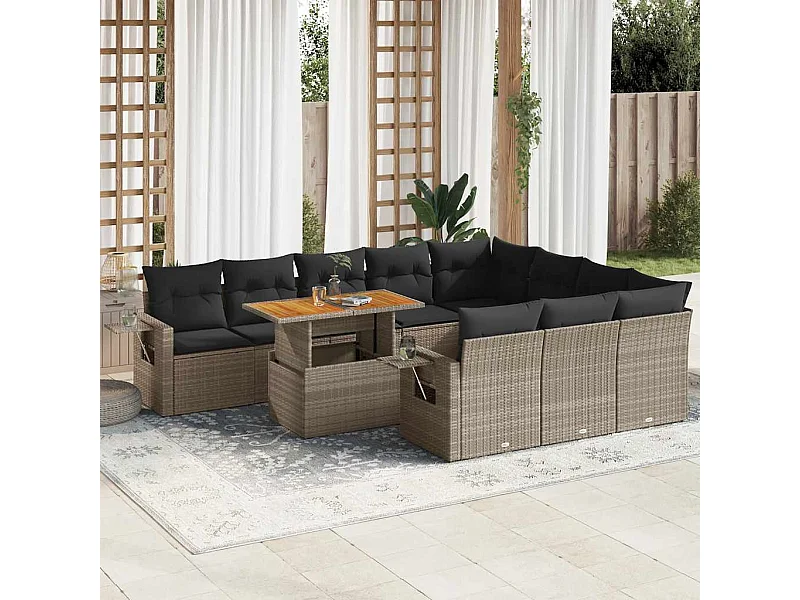 Salon de jardin 11 pcs avec coussins gris résine tressée