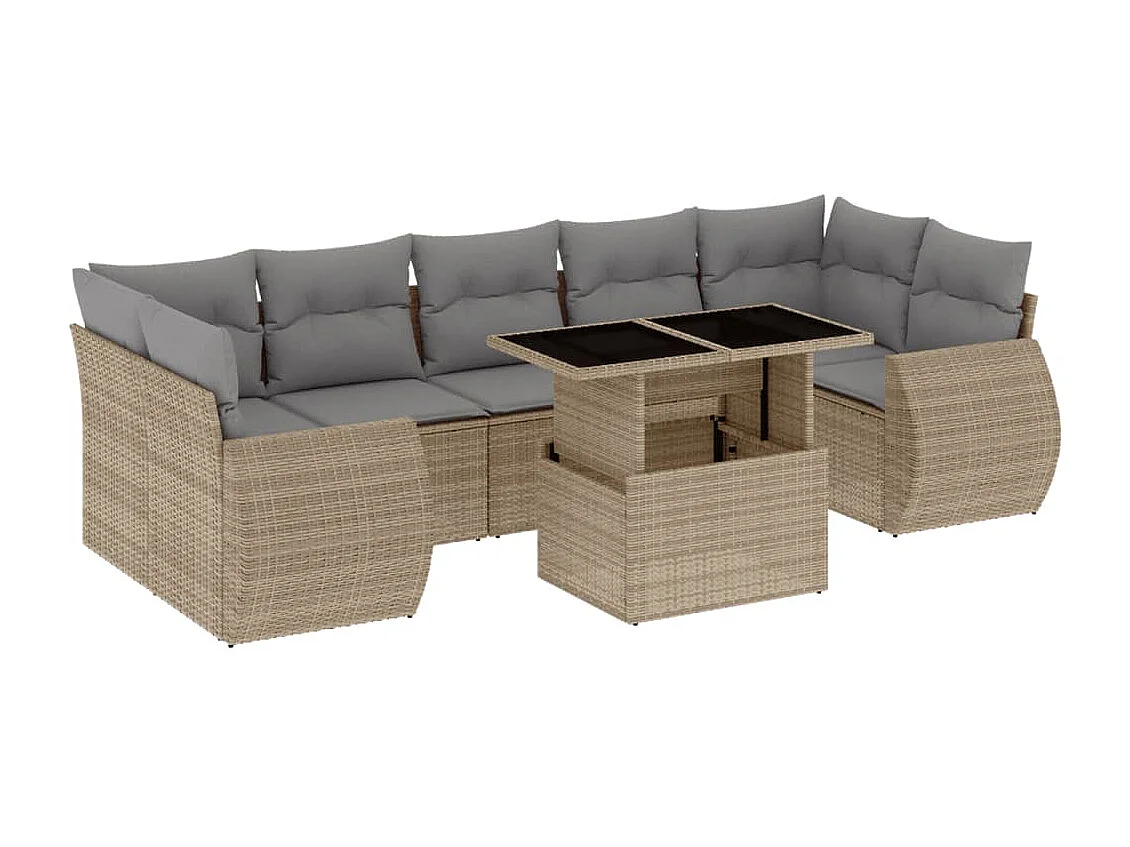 8-delige Loungeset met kussens poly rattan beige