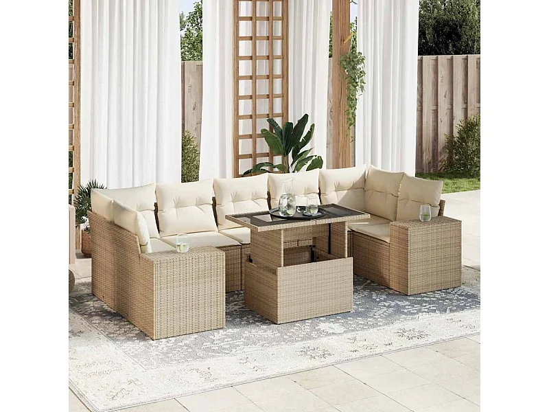 Salon de jardin avec coussins 8 pcs beige résine tressée