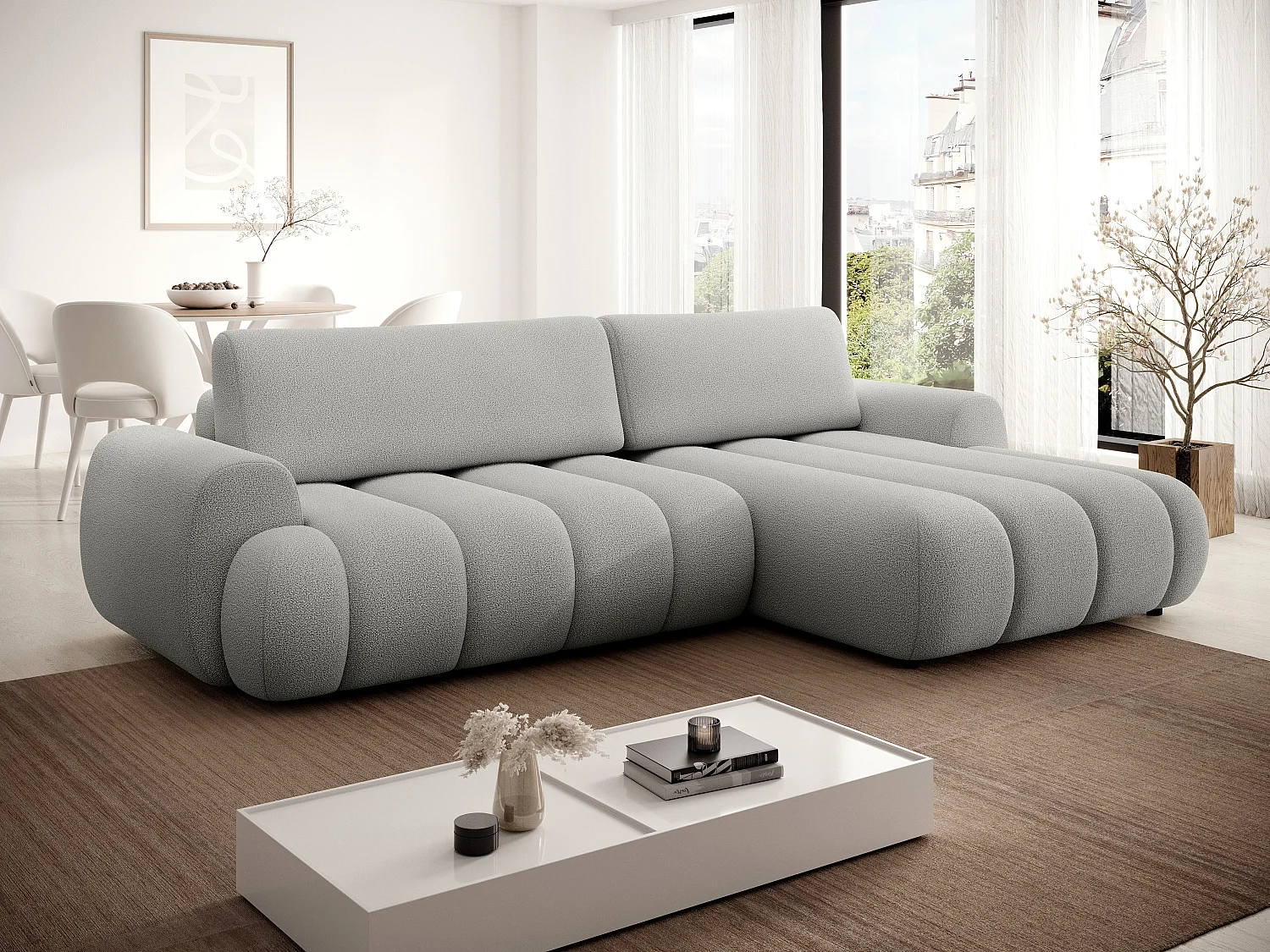 Canapé d'angle droit convertible en tissu gris clair FRIDORA