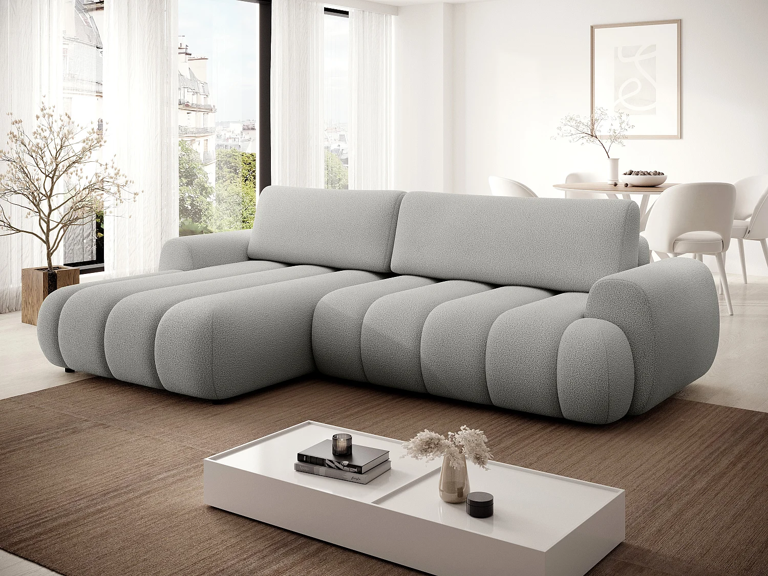 Canapé d'angle gauche convertible en tissu gris clair FRIDORA