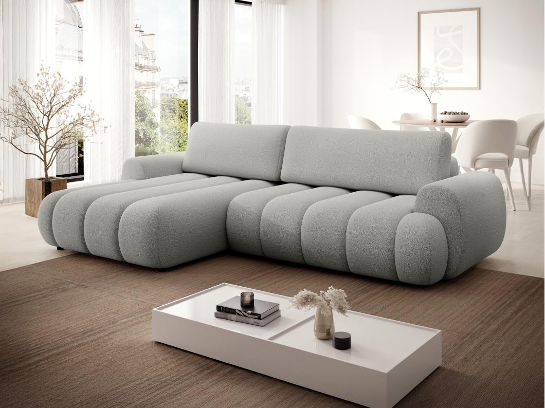 Canapé d'angle gauche convertible en tissu gris clair FRIDORA