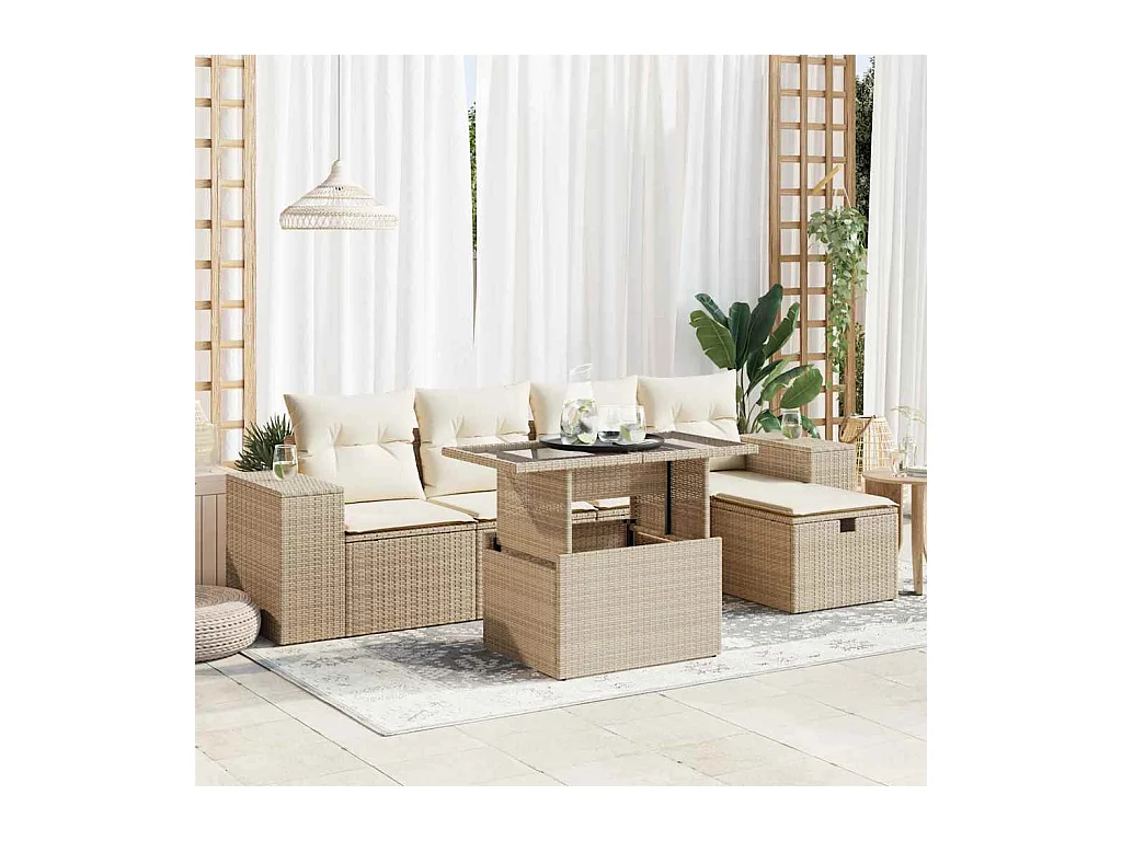 Set Divano da Giardino 6 pz con Cuscini Beige in Polyrattan