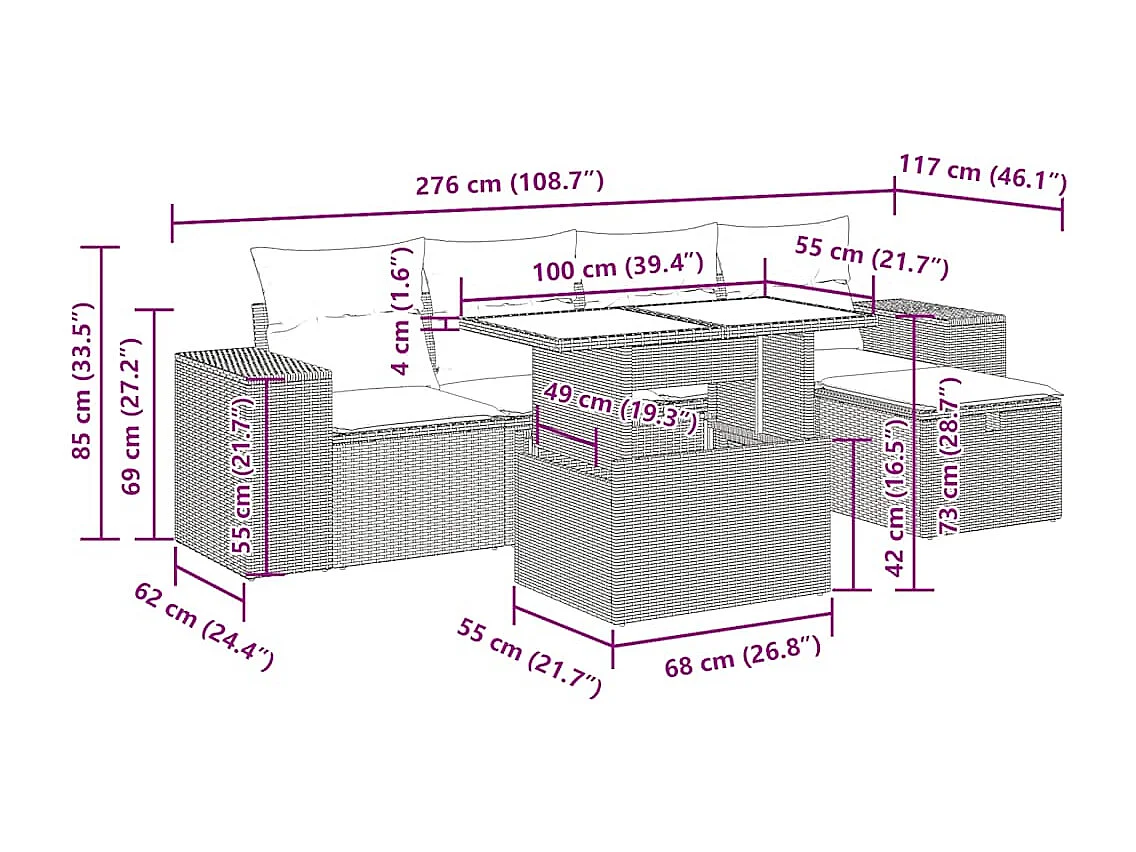 6 pcs conjunto de sofás p/ jardim com almofadões vime PE bege