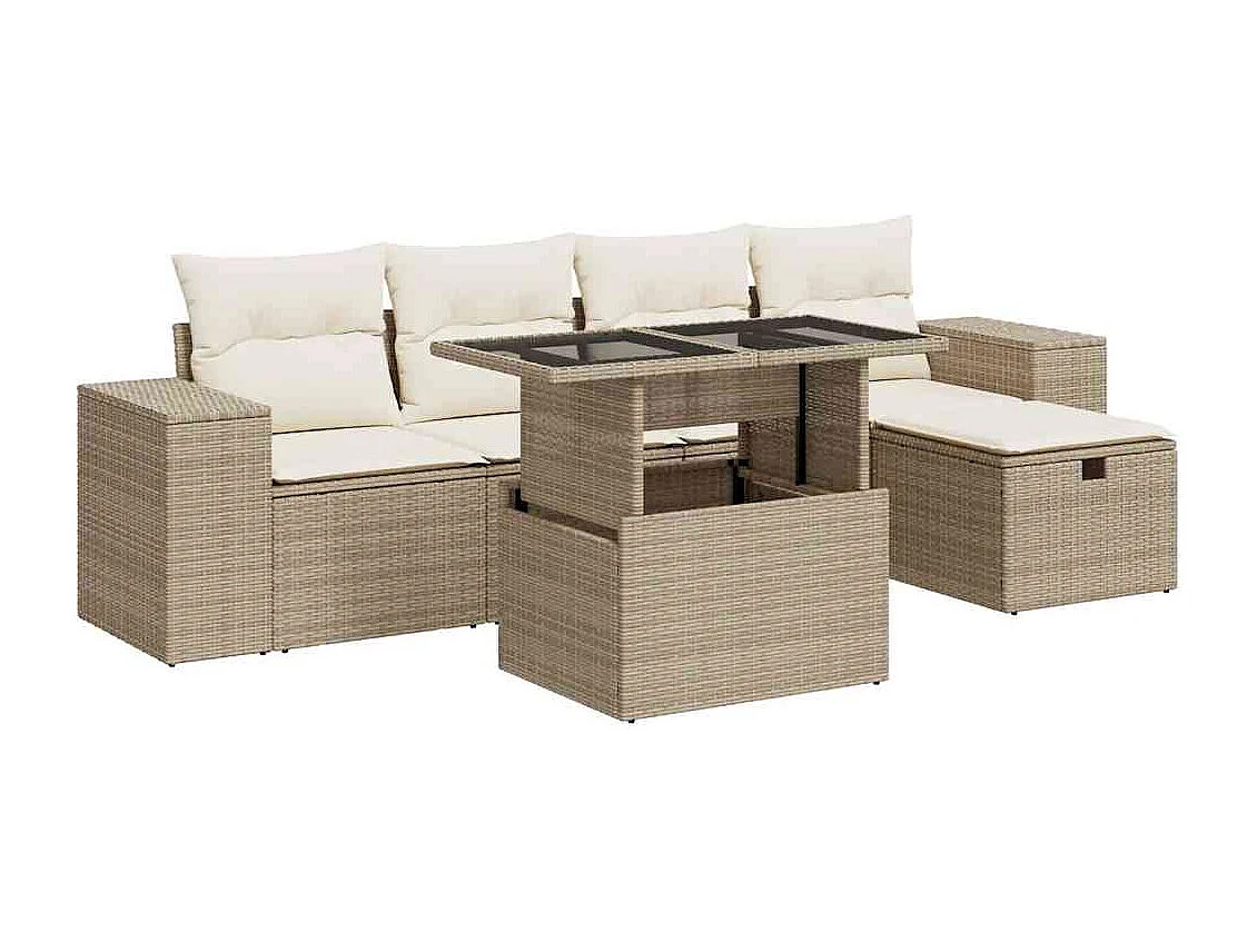 6-tlg. Garten-Sofagarnitur mit Kissen Beige Poly Rattan