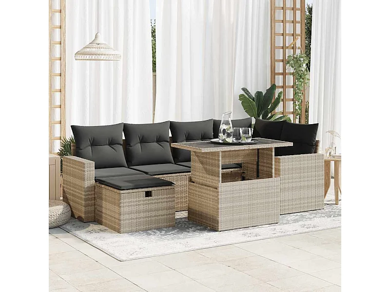 Salon de jardin avec coussins 7 pcs gris clair résine tressée