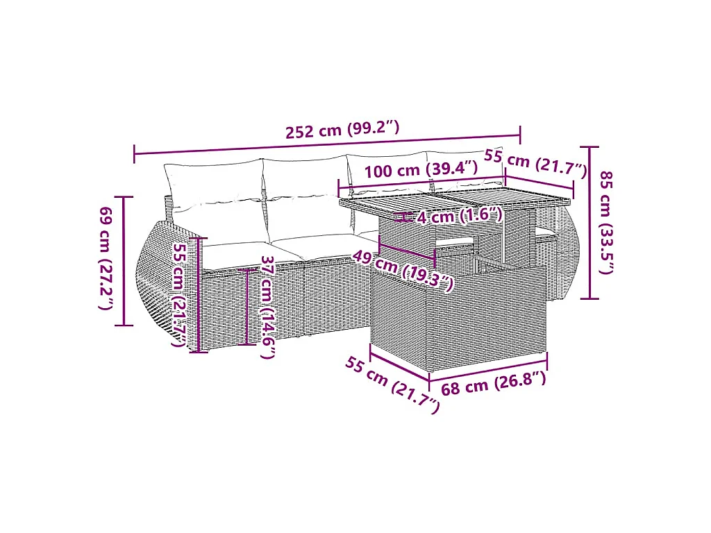 5-delige Loungeset met kussens poly rattan beige